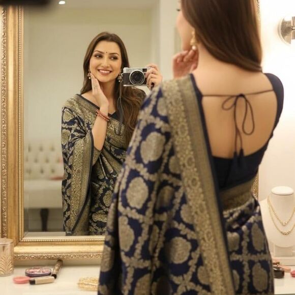 Women's Kanjivaram Pure Banarsi Silk Saree With Blouse Piece Golden Zari NWT - Picture 5 of 12